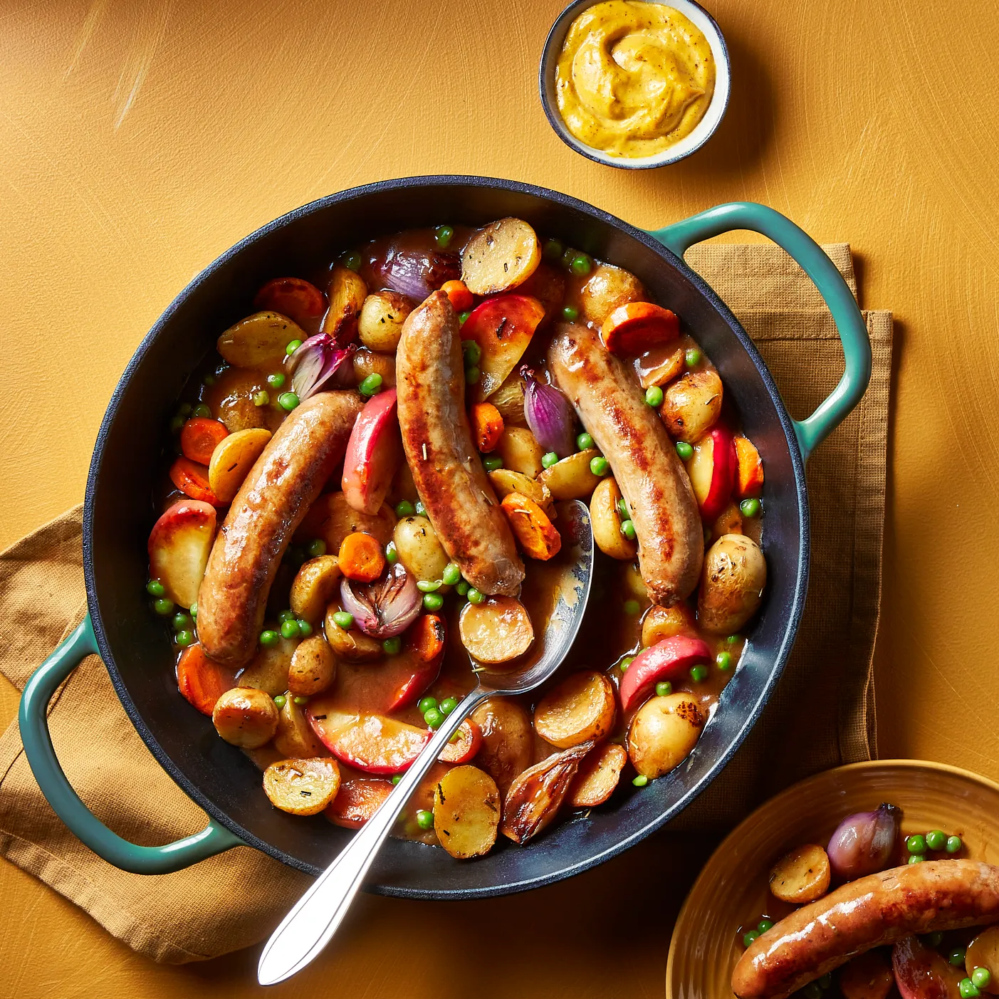Saucijsjesstoof met appel, sjalot en krieltjes